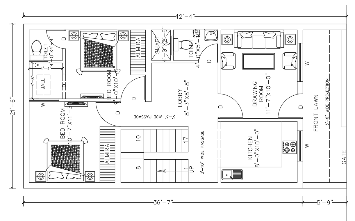 36’x22’ house plan is given in this AutoCAD drawing model. Download now.