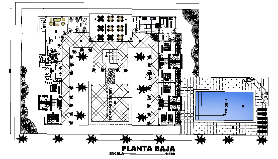 36x26m hotel plan is given in this Autocad drawing file. Download now.