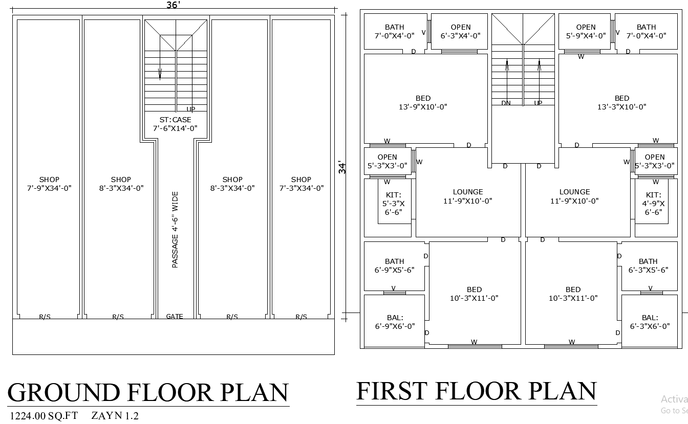 36×34 Residential and Commercial Plan in AutoCAD DWG File