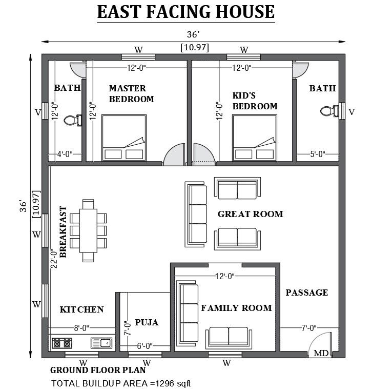 36'x36' East facing house design as per vastu shastra is given in this FREE 2D Autocad drawing file. Download now.