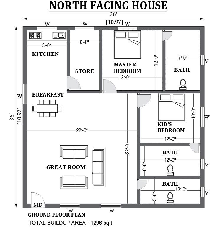 36'x36' north facing house design as per vastu shastra is given in this FREE 2D Autocad drawing file. Download now.