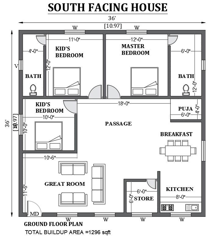 36'x36' south facing house design as per vastu shastra is given in this FREE 2D Autocad drawing file. Download now.