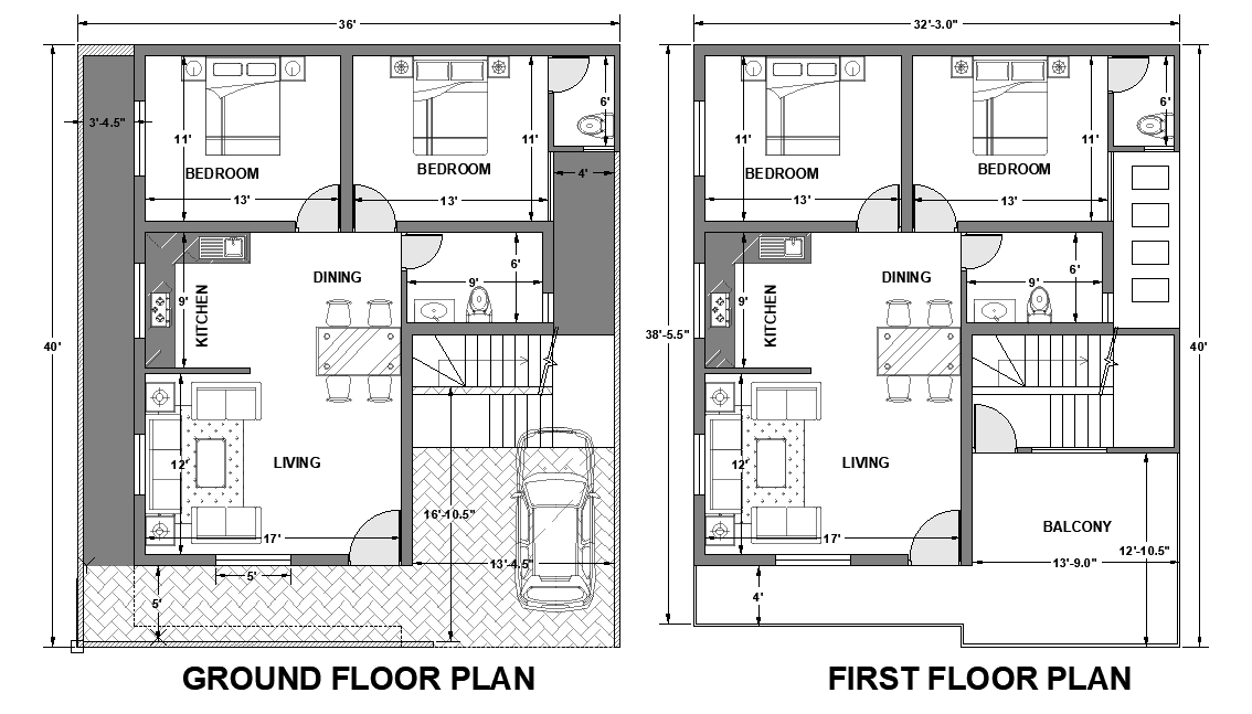 36’x40’ East facing house plan is given as per vastu shastra in this Autocad drawing file. Download the file now.