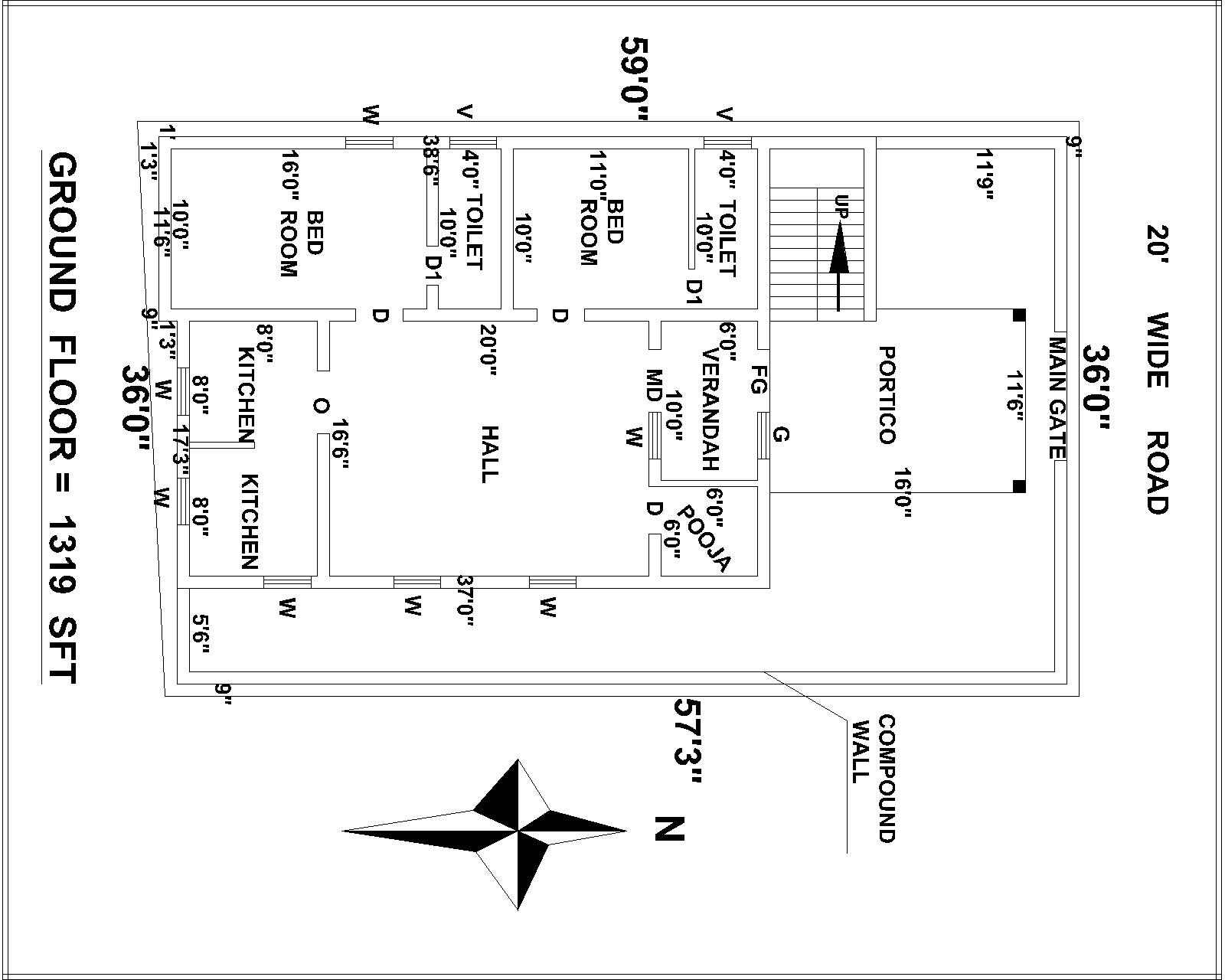 36’X59’ North Facing House Plan AutoCAD Drawing Download DWG File