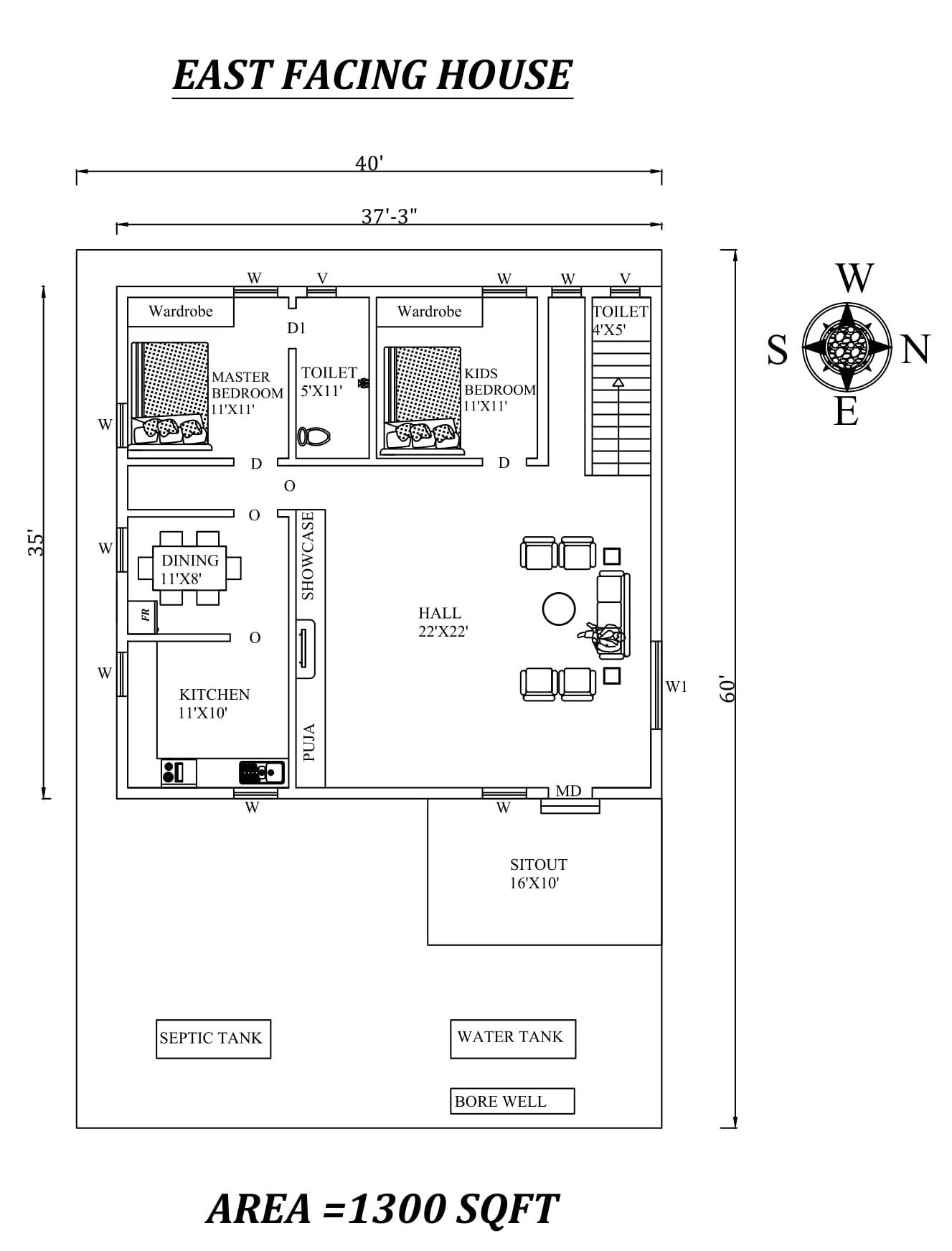 37'3"X35' The Perfect 2bhk East facing House Plan As Per Vastu Shastra.Autocad DWG and Pdf file details.