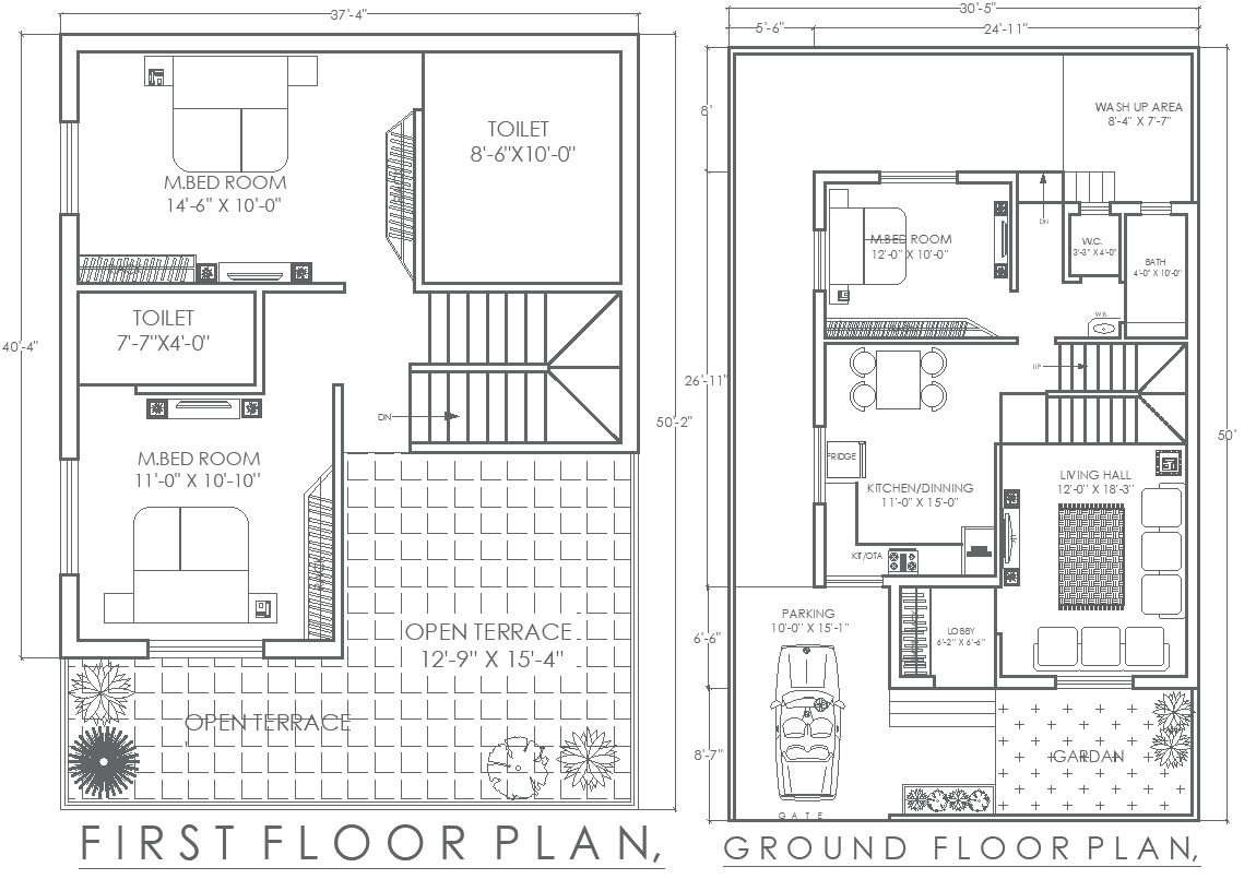 37.4ft x 40.4ft Ground & First Floor 3BHK House Plan with Parking – AutoCAD DWG File
