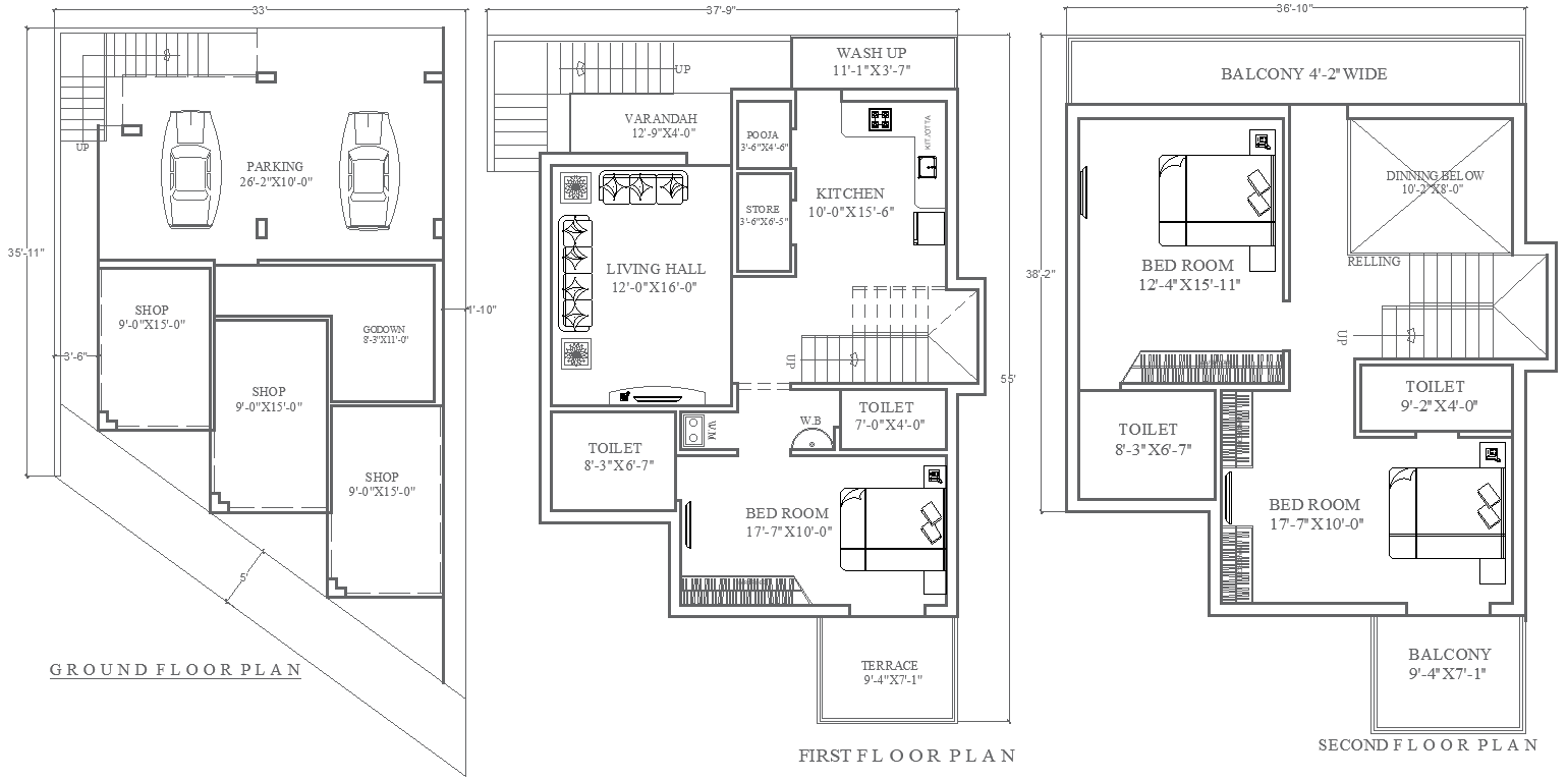 37.9ftx55ft Three Floor House and Shop Plan Design DWG File