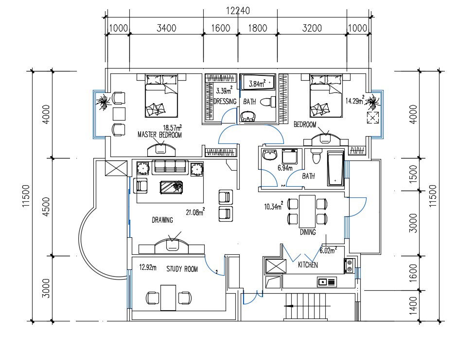 37'X40' House 2 BHK Layout Plan Drawing Download DWG File
