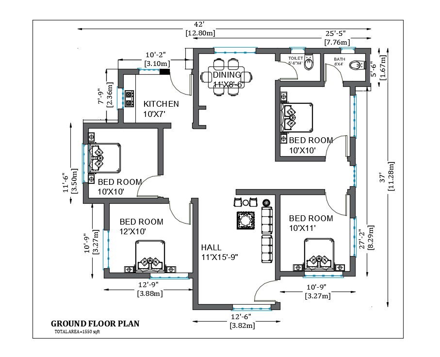 37'X42' House Architecture Plan AutoCAD Drawing DWG File