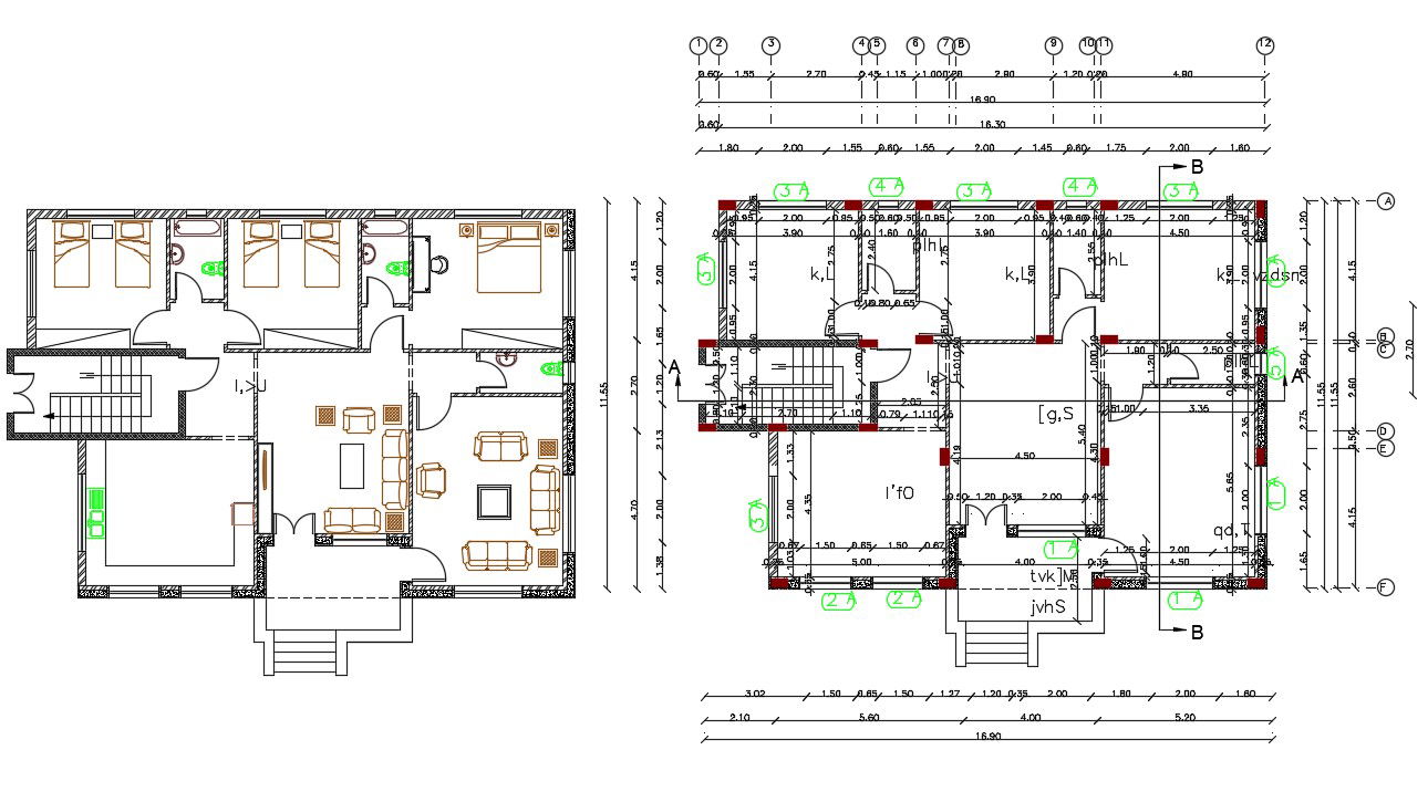 37 X 55 Feet House Furniture Plan AutoCAD File