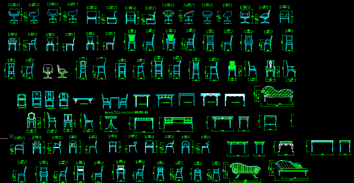 Chair and Table AutoCAD DWG Blocks with Front and Side Views