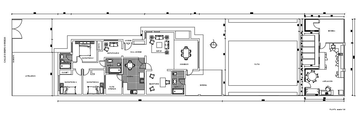 Single Story 37x10m Residential Floor Plan in DWG File