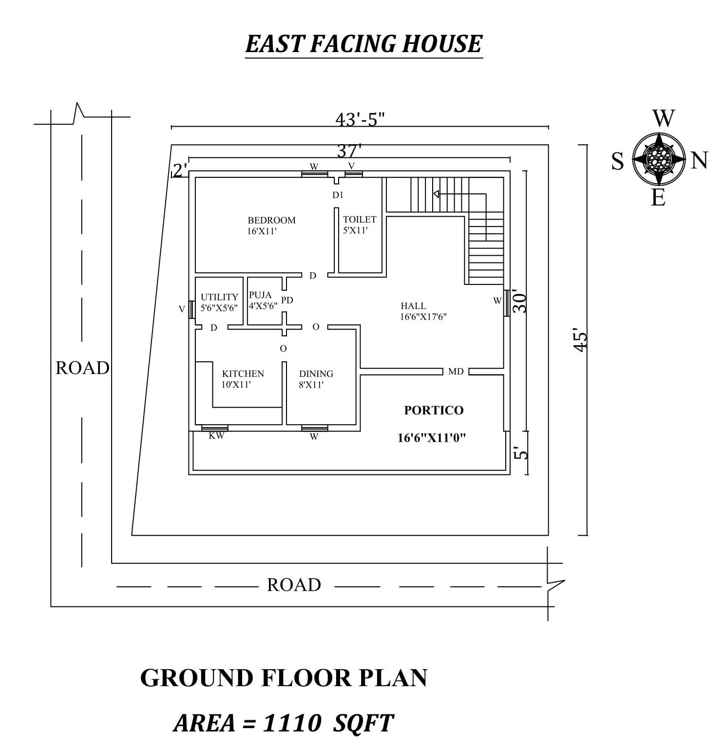 37x30 East Facing 1 BHK House Plan CAD Model DWG & PDF