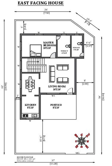 37'x62' East facing house design as per vastu shastra is given in this FREE 2D Auto cad drawing file. Download now.