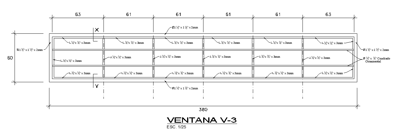 380x60cm window plan 2D DWG drawing is given in this file