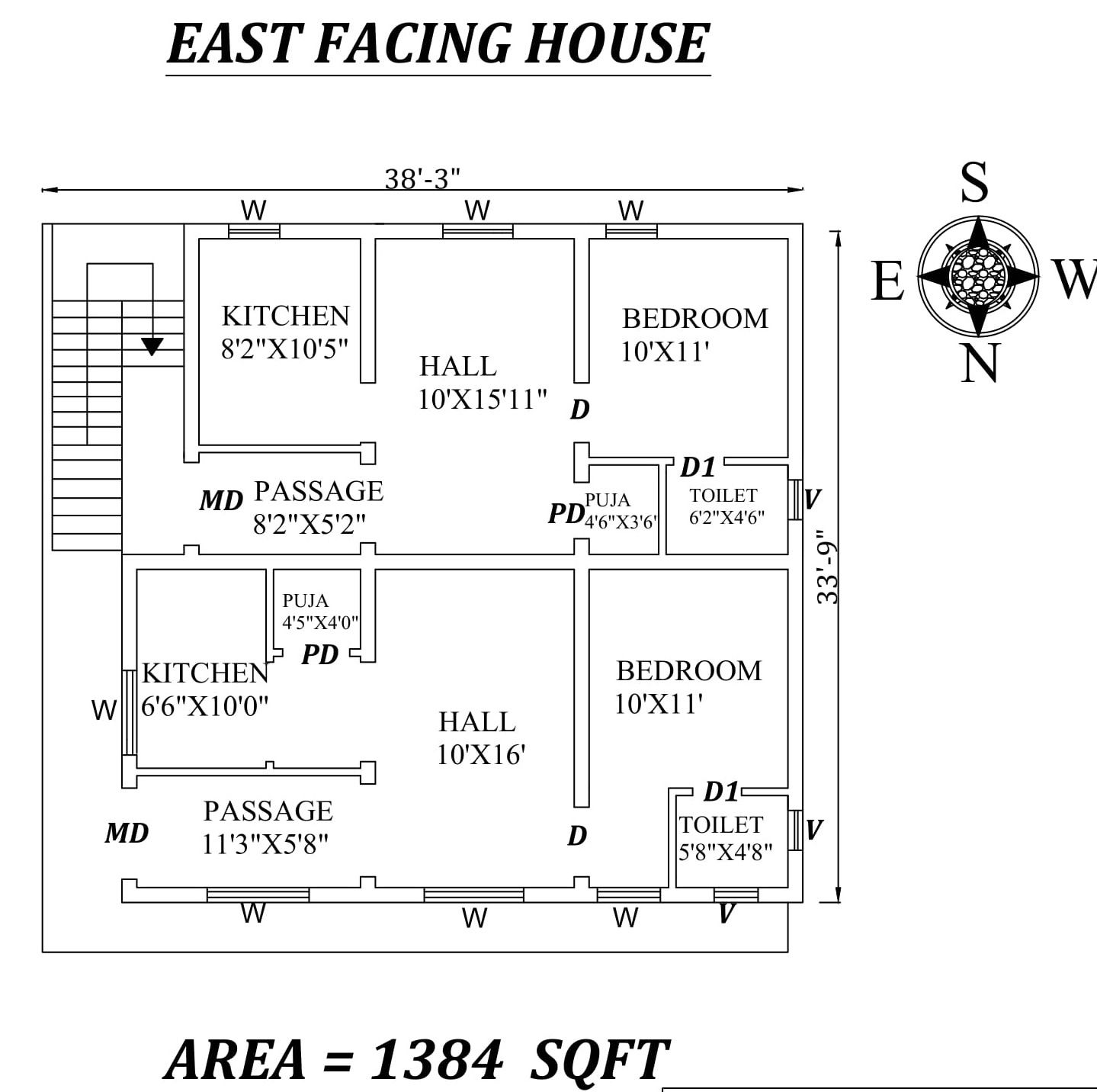 38'3"x33'9" Amazing East Facing SIngle BHk Dual House Plan As Per Vasthu Shastra, Autocad drawing and PDF file details.