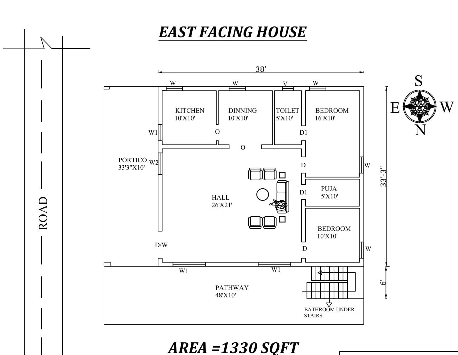 38'X39' The Perfect 2bhk East facing House Plan As Per Vastu Shastra.Autocad DWG and Pdf file details.