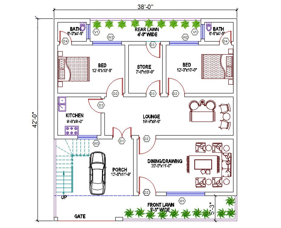 38' X 42' House Ground Floor Plan With Furniture Layout DWG File