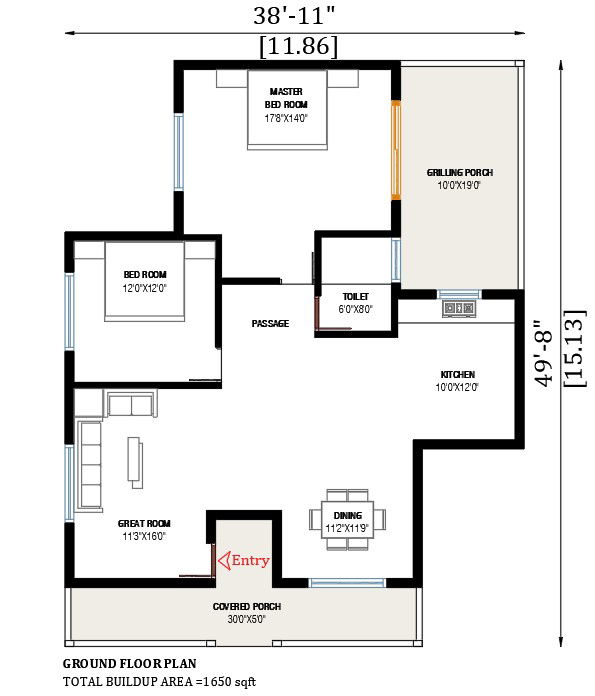 38’x50’ house plan is given in this AutoCAD drawing file. Download the Autocad model.