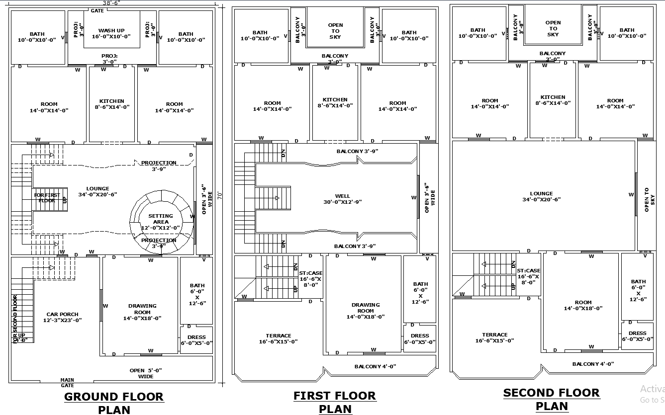 38x70 Three Storey Residential House Plan in AutoCAD File