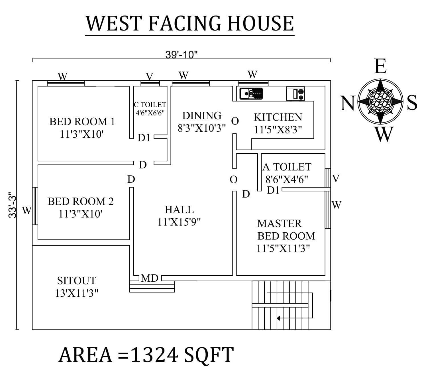 39'10"x33'3" Awesome 3bhk West facing House Plan As Per Vastu Shastra, CAD DWG file Details