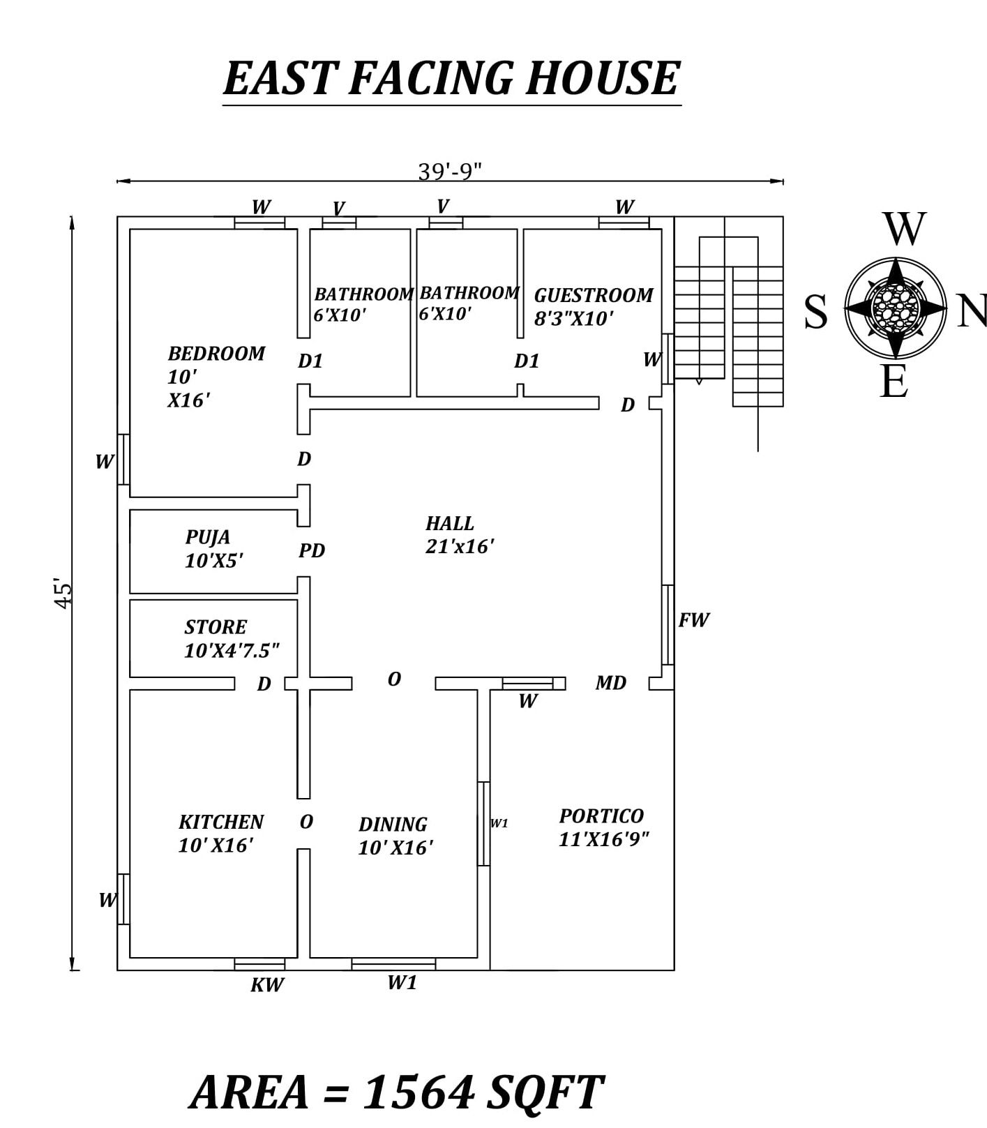 39'9"X45' The Perfect 2bhk East facing House Plan As Per Vastu Shastra.Autocad DWG and Pdf file details.