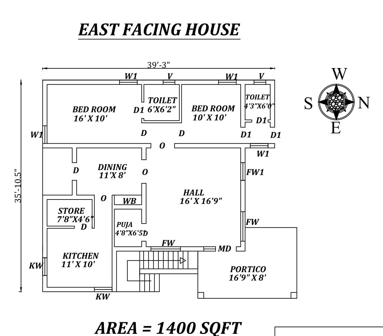 39'X35' 2bhk East facing House Plan As Per Vastu Shastra. Autocad DWG and Pdf file details.