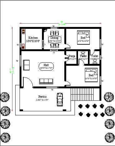 39'X 41' north-facing double bhk single storey house plan is available in this DWG CAD file.Download free Autocad DWG and PDF file format of this house plan drawing.