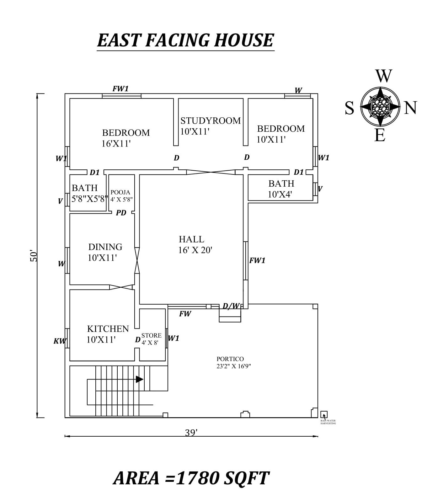 39'X50' Wonderful 2bhk East facing House Plan Layout As Per Vastu Shastra. Autocad DWG and Pdf file details.
