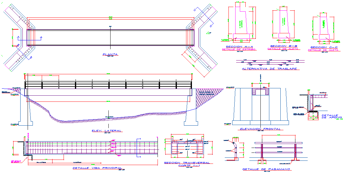 Peatonal Bridge CAD Drawing with Plan, Section, and Elevation View