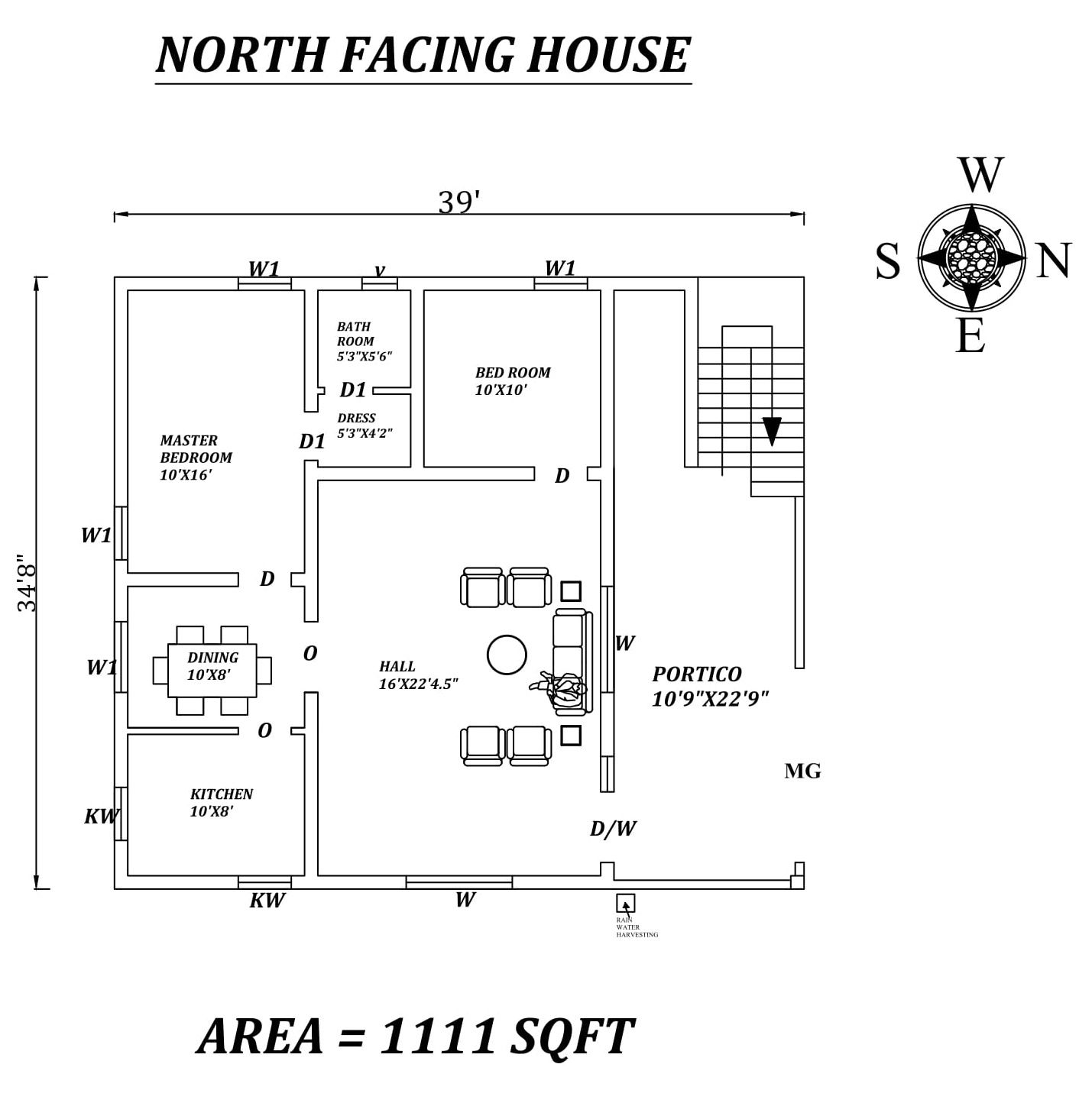 39'x34'8" Amazing North facing 2bhk house plan as per vastu Shastra,Autocad DWG and Pdf file details.