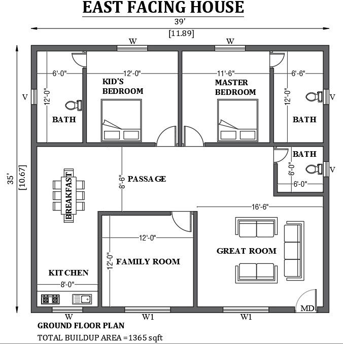 39’x35’ east facing house design as per vastu shastra is given in this FREE 2D Autocad drawing file. Download now.