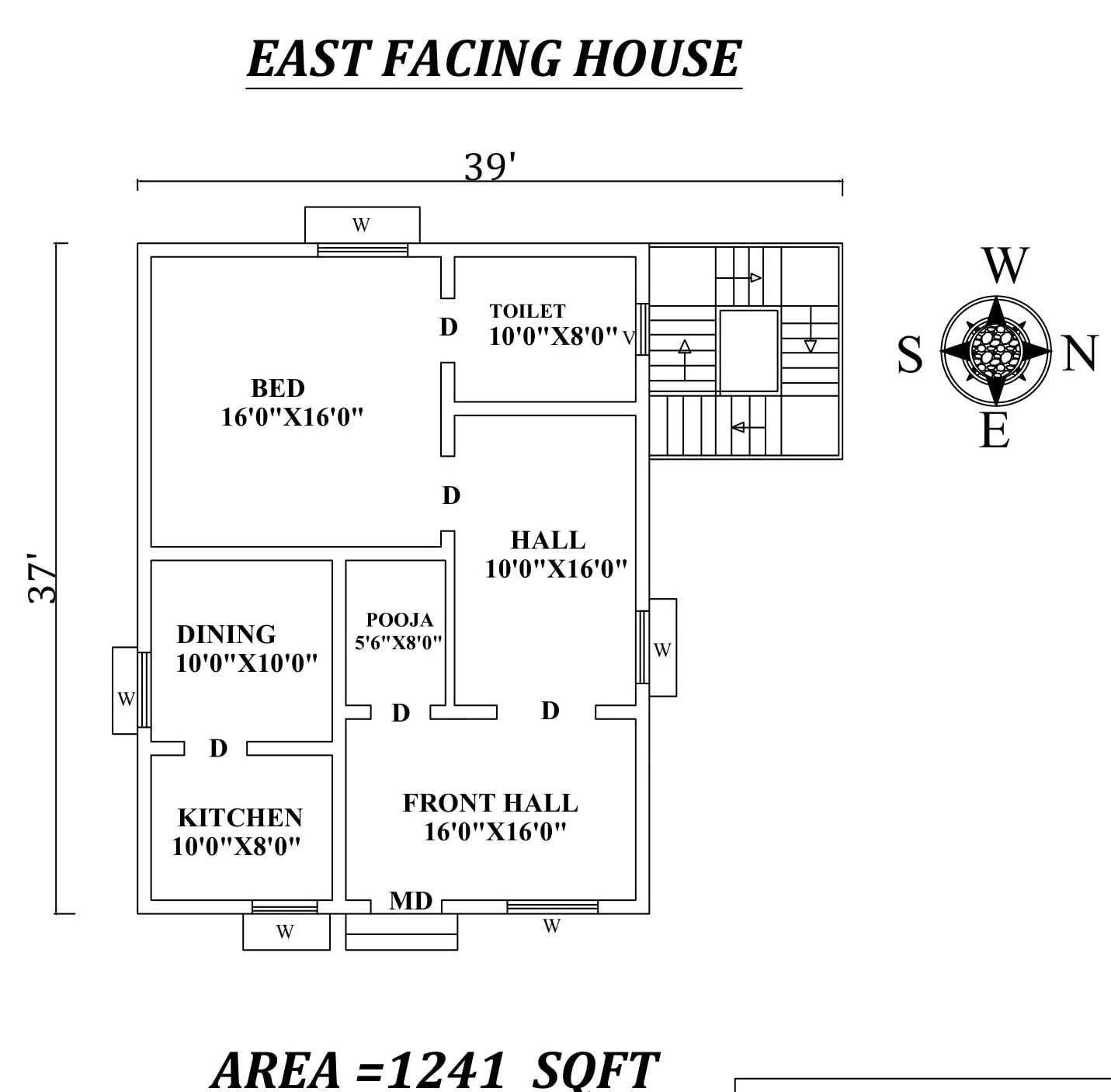 39'x37' Single bhk East facing House Plan As Per Vastu Shastra. Autocad DWG and Pdf file details.