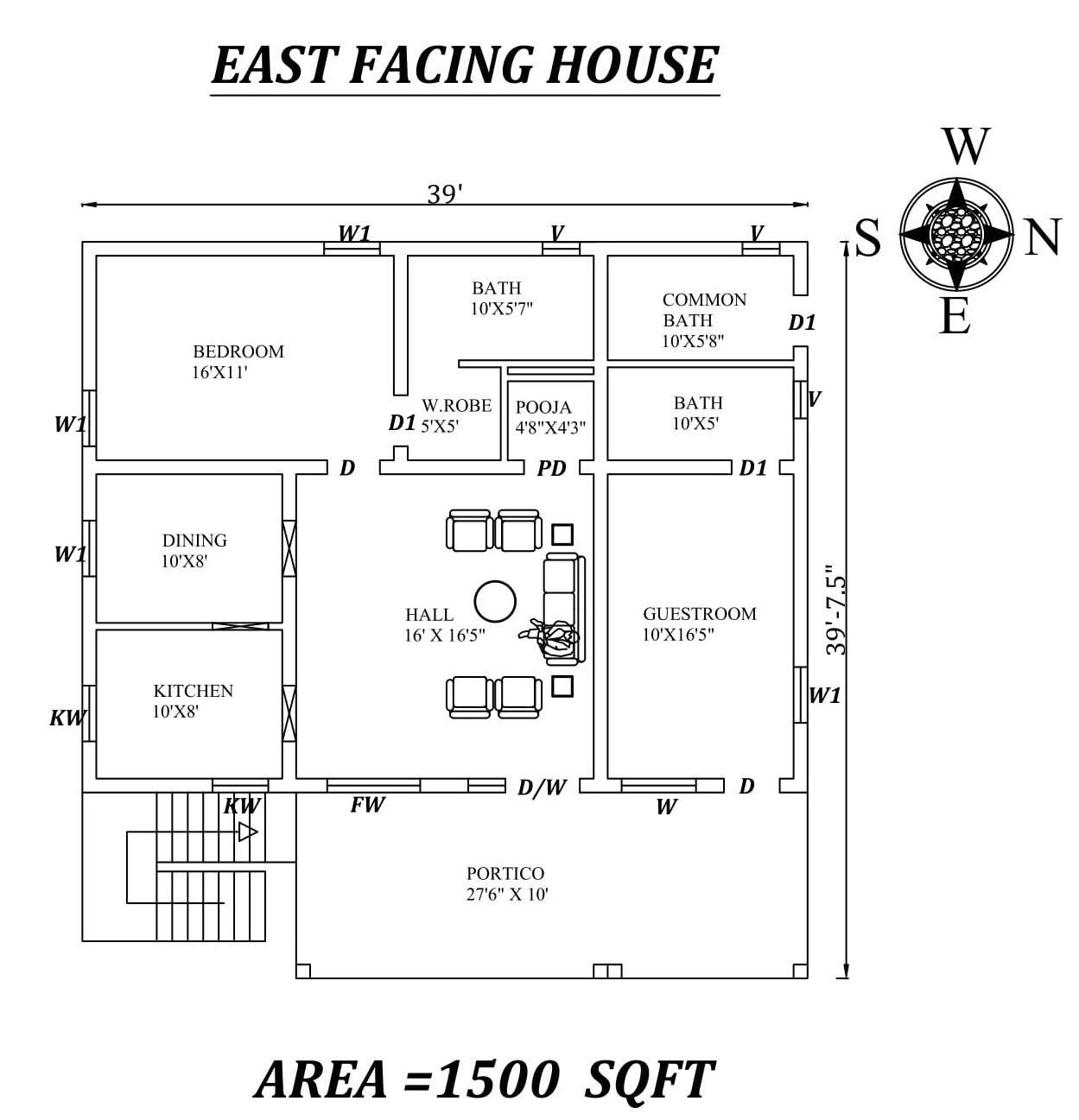 39'x39' Amazing 2bhk East facing House Plan As Per Vastu Shastra,Autocad DWG File Details.
