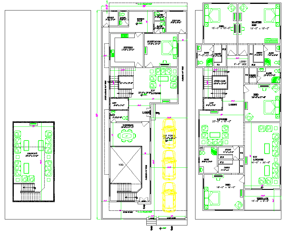 39x95 duplex bungalow CAD Drawing File with basement plan