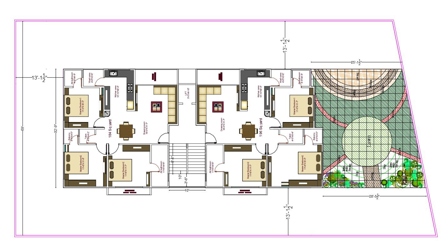 3BHK Apartment Furniture Layout Plan With Landscaping Design AutoCAD File