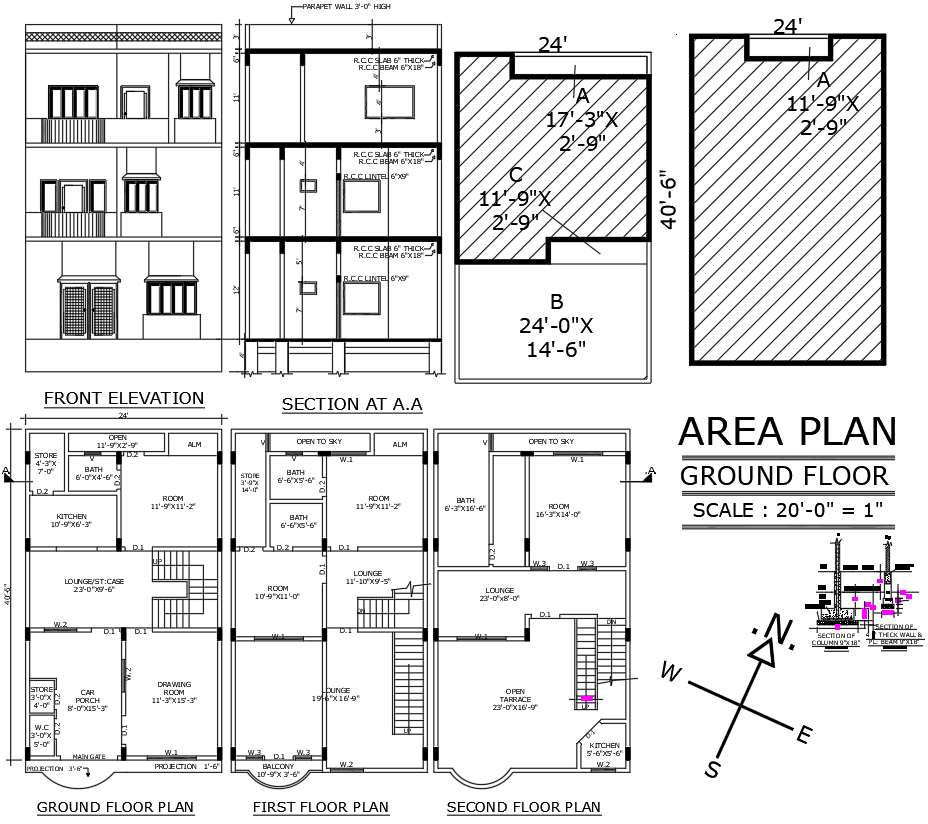 AutoCAD DWG of 24'x40' 3BHK House Plan Submission Layout