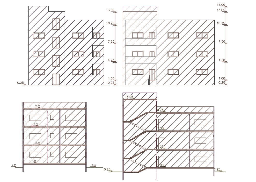 3 BHK Apartment House Building Sectional Elevation Design
