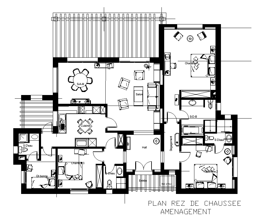 3 BHK Apartment Plan With Furniture CAD Drawing Download DWG File