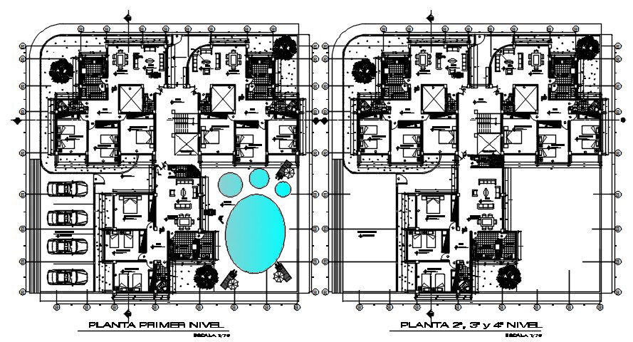 3 BHK Apartment With Swimming Pool CAD Drawing Download DWG File