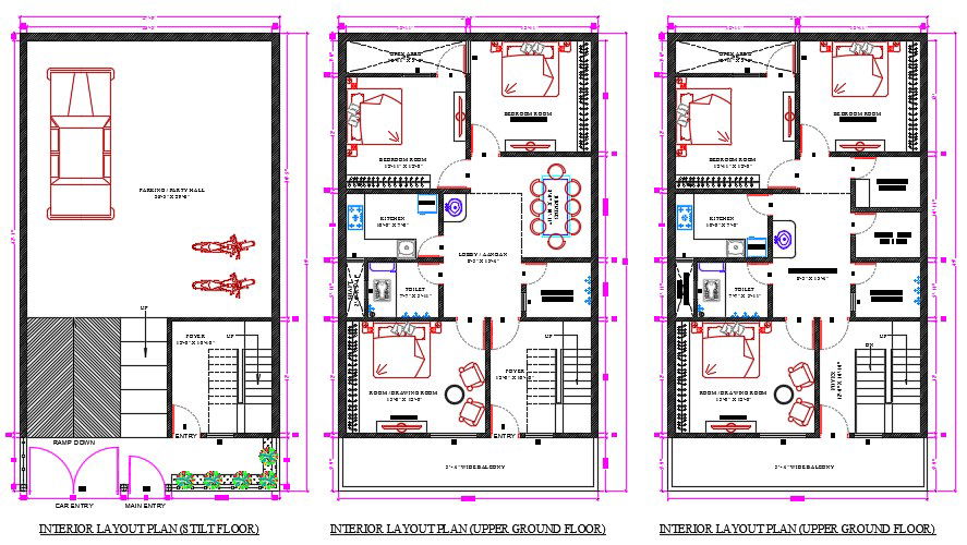 3 BHK Architecture House Furniture Floor Plan (1200 Sq Ft)