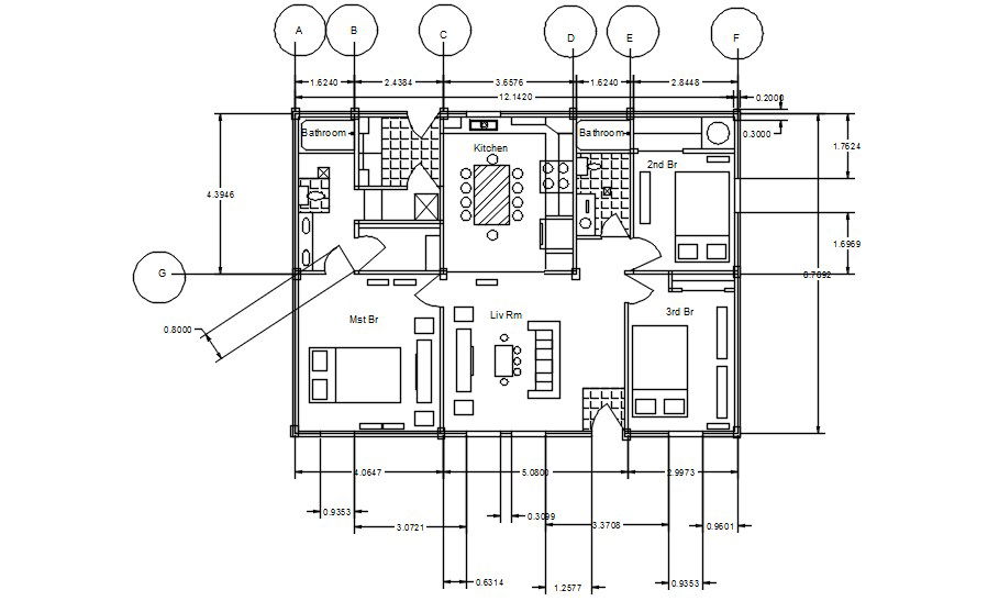 3BHK A single-storey House floor furniture plan is given in this AutoCAD DWG File. Download the free AutoCAD Drawing file.