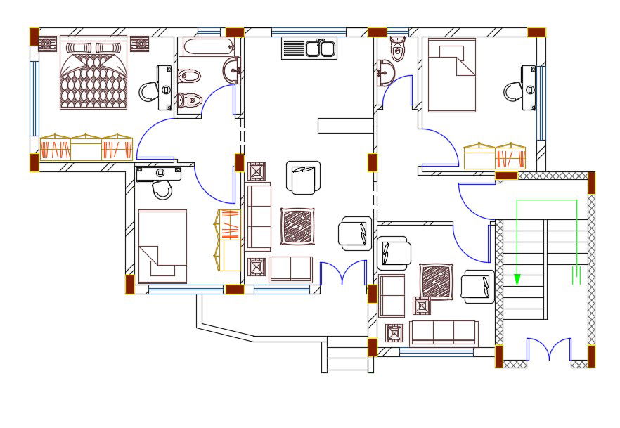 3 BHK AutoCAD House Plan DWG File