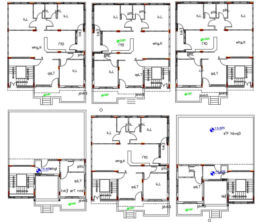 3 BHK Bungalow Plan With Column Layout Drawing