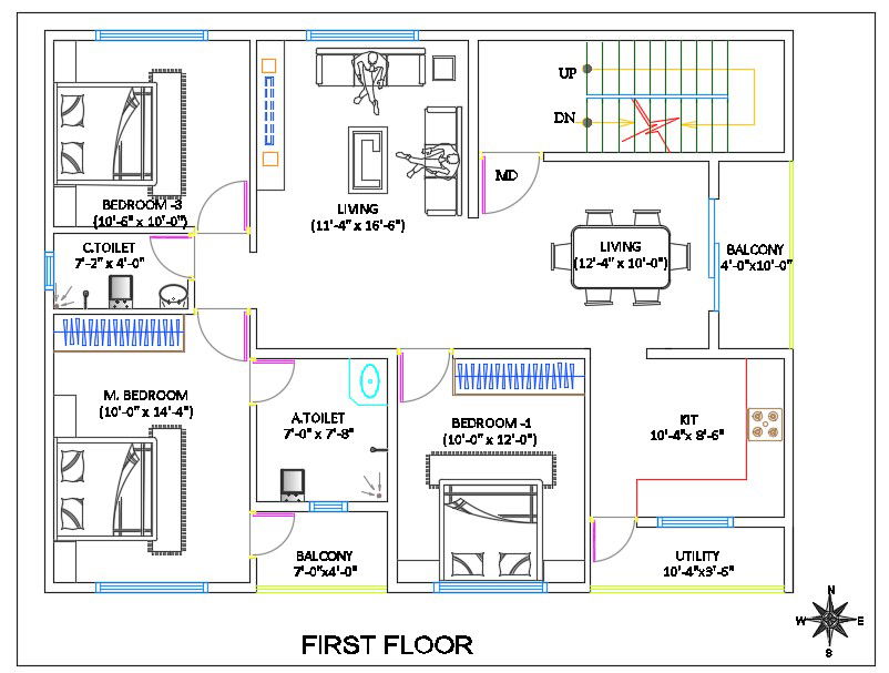 3 BHK First Floor plan With Furniture Layout AutoCAD Drawing DWG File