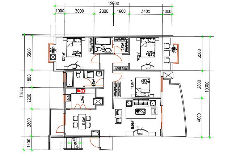 3 BHK Furnished House Layout Plan AutoCAD File