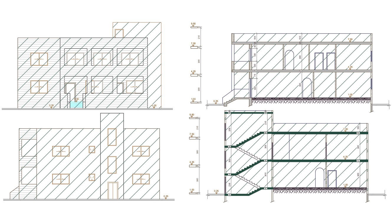 3 BHK House Building Elevation And Section Drawing