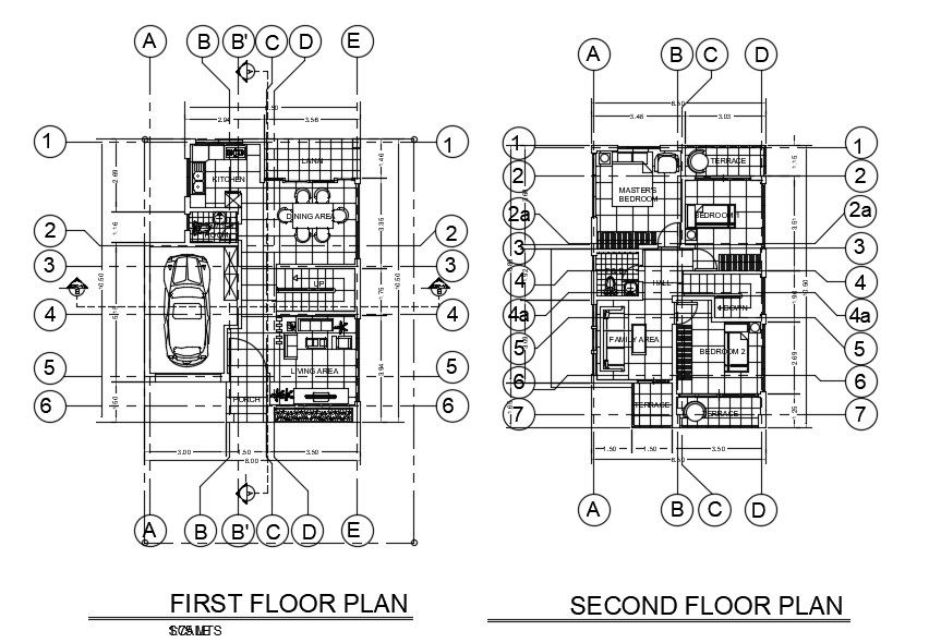 3 BHK House Center Line Plan With Flooring Layout Drawing DWG File