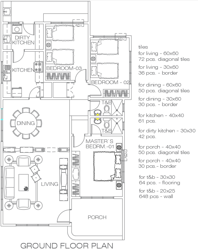 Furnished Floor Plan of 3BHK Home with Dining in DWG File