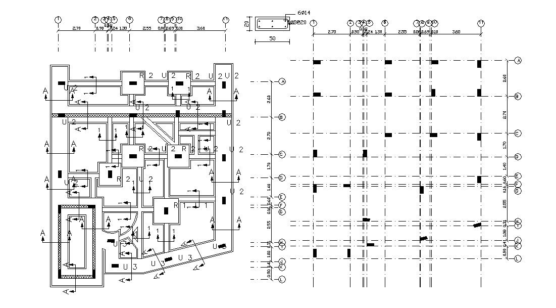 3 BHK House Foundation Plan With Center Line CAD Drawing